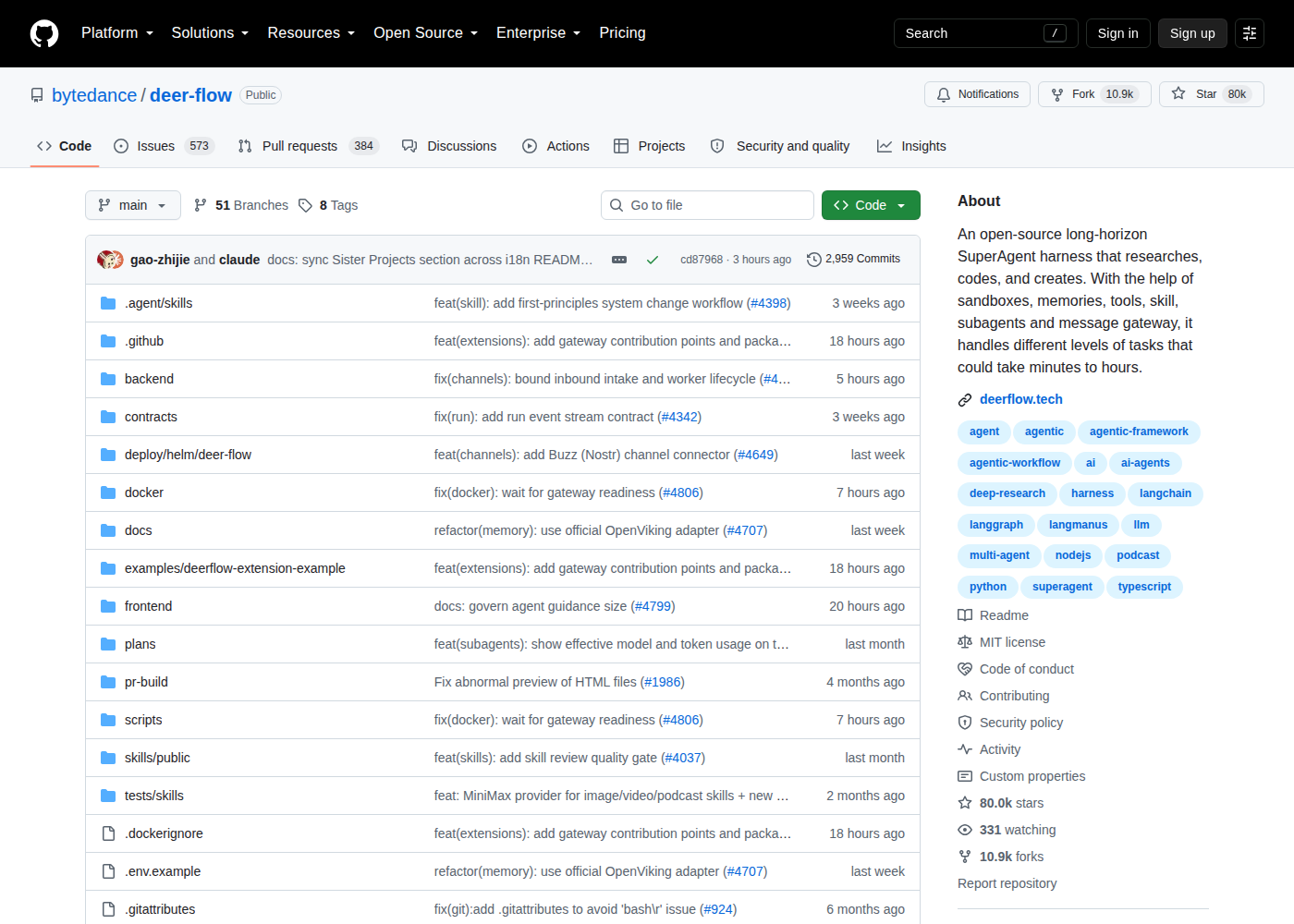 DeerFlow GitHub 首頁頂部(repo 名 bytedance/deer-flow + Star 數 + 項目描述)