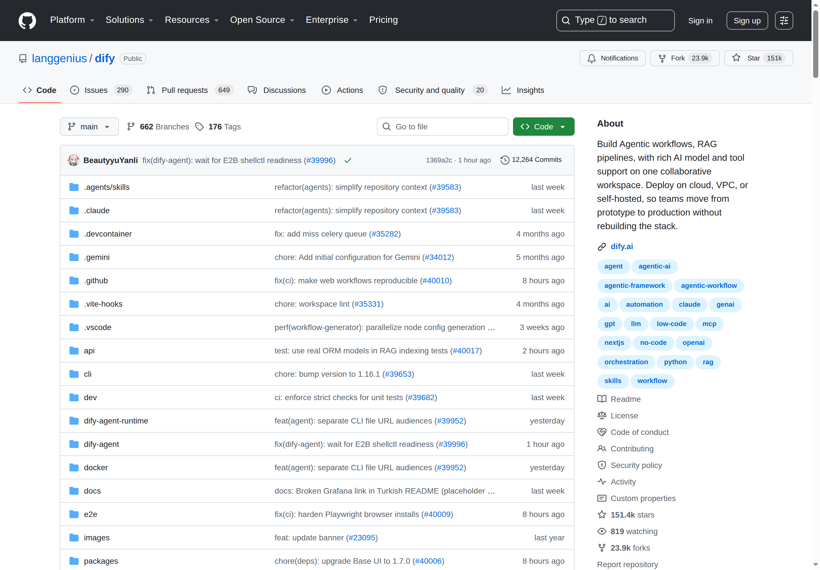 dify GitHub 主頁(151k stars + 項目描述)