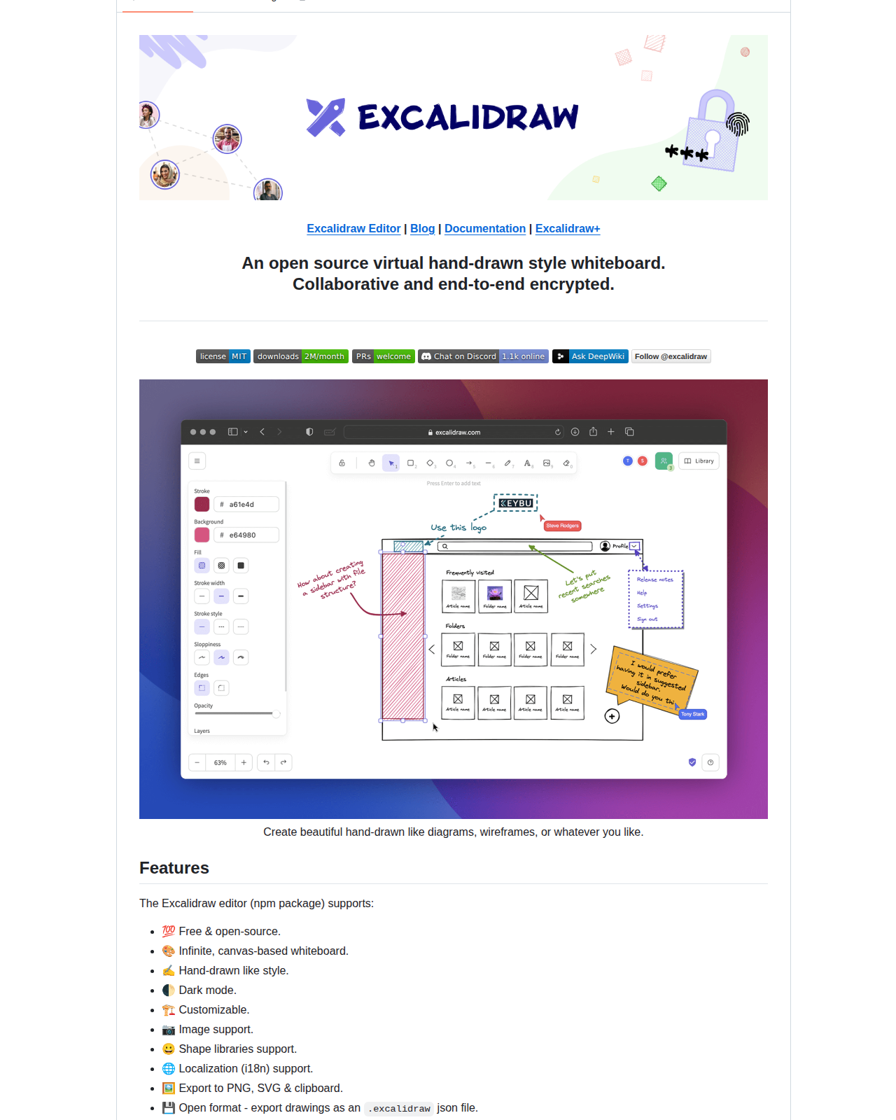 Excalidraw README 開頭（專案名稱與標語「開源的手繪風格虛擬白板，支援協作與端對端加密」，以及功能列表）