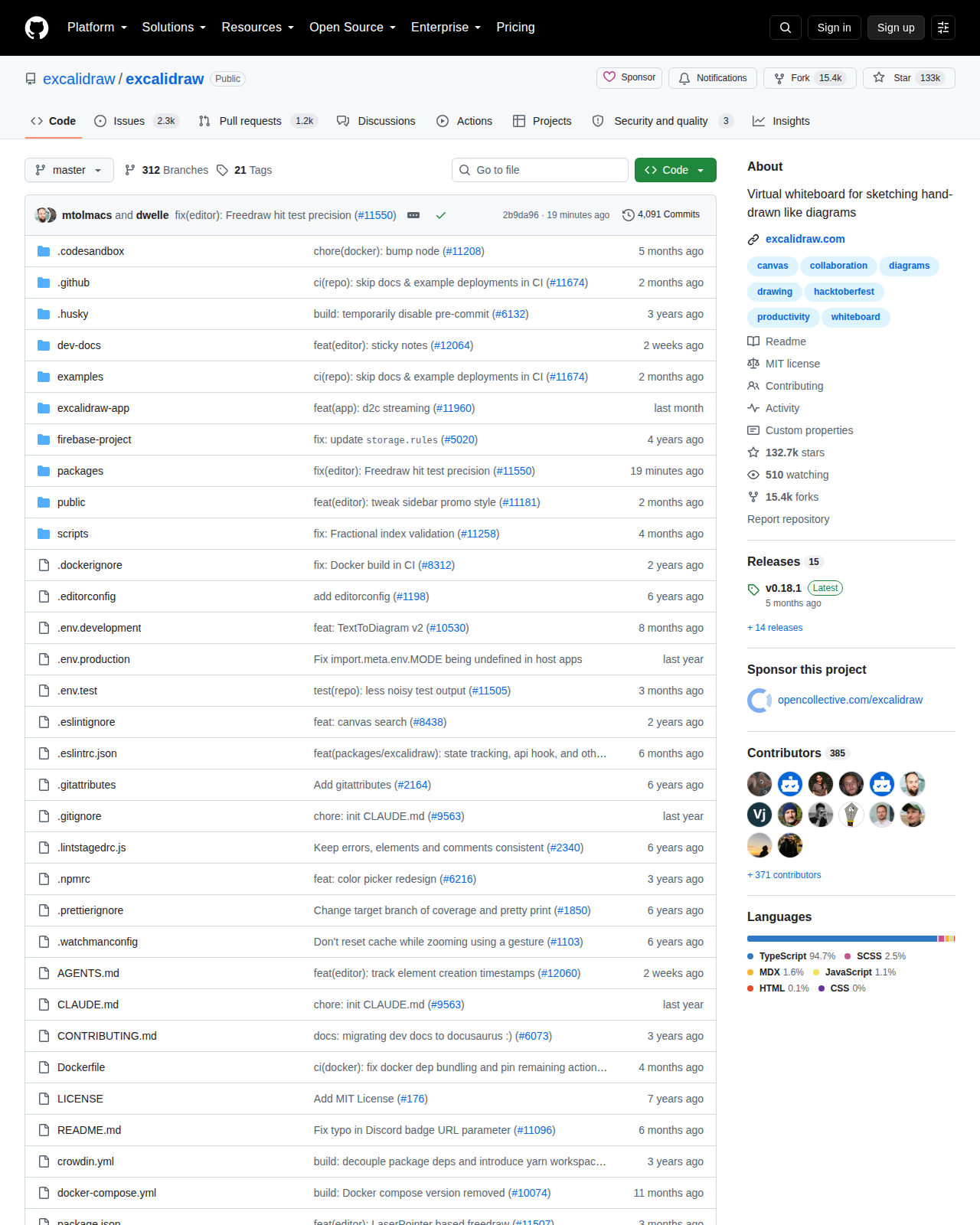 excalidraw/excalidraw GitHub 首頁頂部（repo 名稱、About 描述、133k 星標與 MIT 授權）