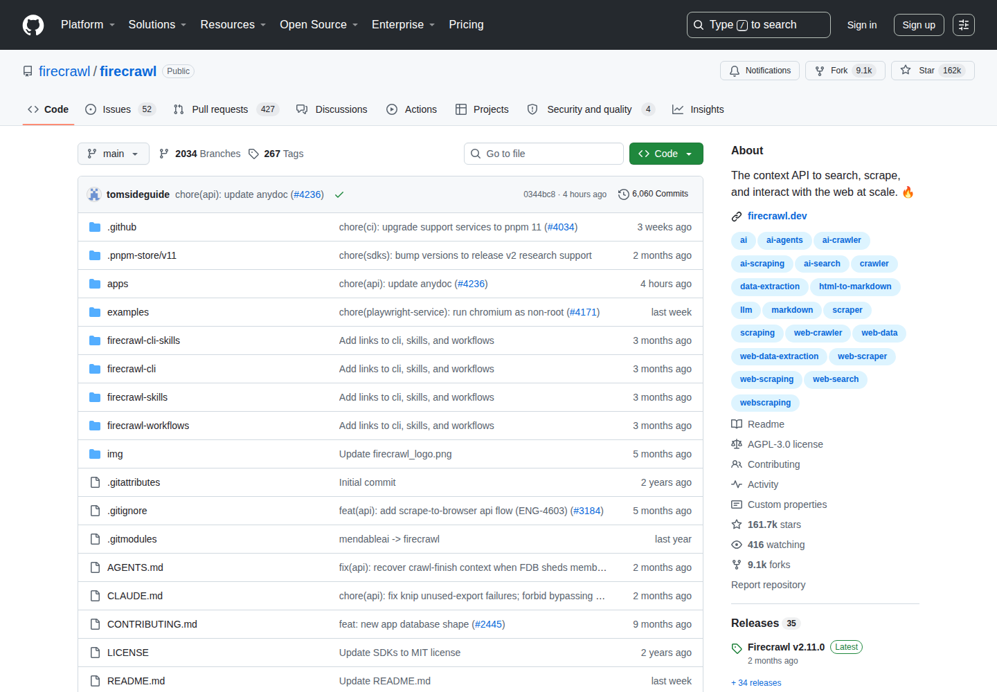 Firecrawl GitHub 主頁(162k stars + 項目描述)