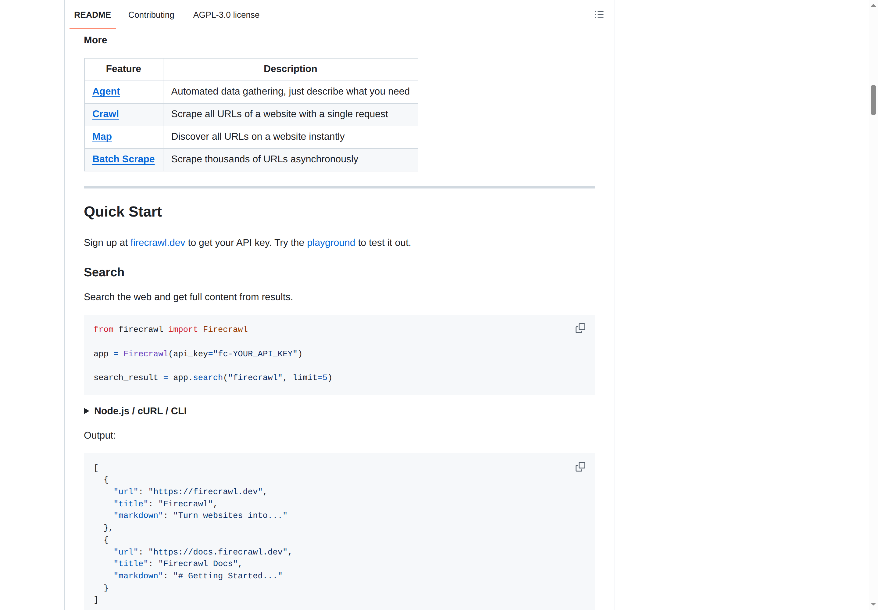Firecrawl README 進階功能(Agent / Crawl / Map + Quick Start)