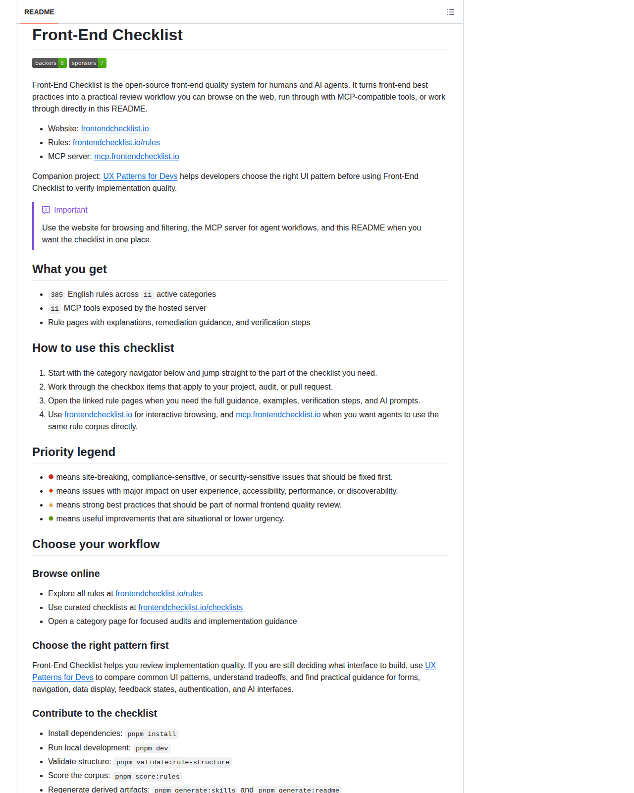 Front-End Checklist README 開頭(項目名稱 + 人類與 AI Agent 共用品質系統簡介)