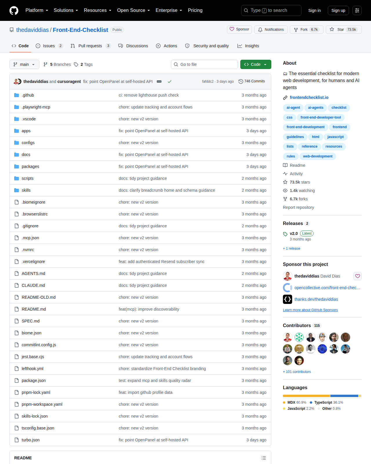 Front-End Checklist GitHub 首頁頂部(repo 名 + Star 數 73.5k + 官方描述)