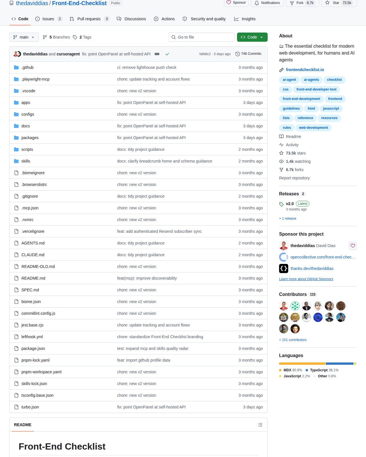 Front-End Checklist GitHub 統計數據(Star 歷史圖表 + 貢獻者分佈)