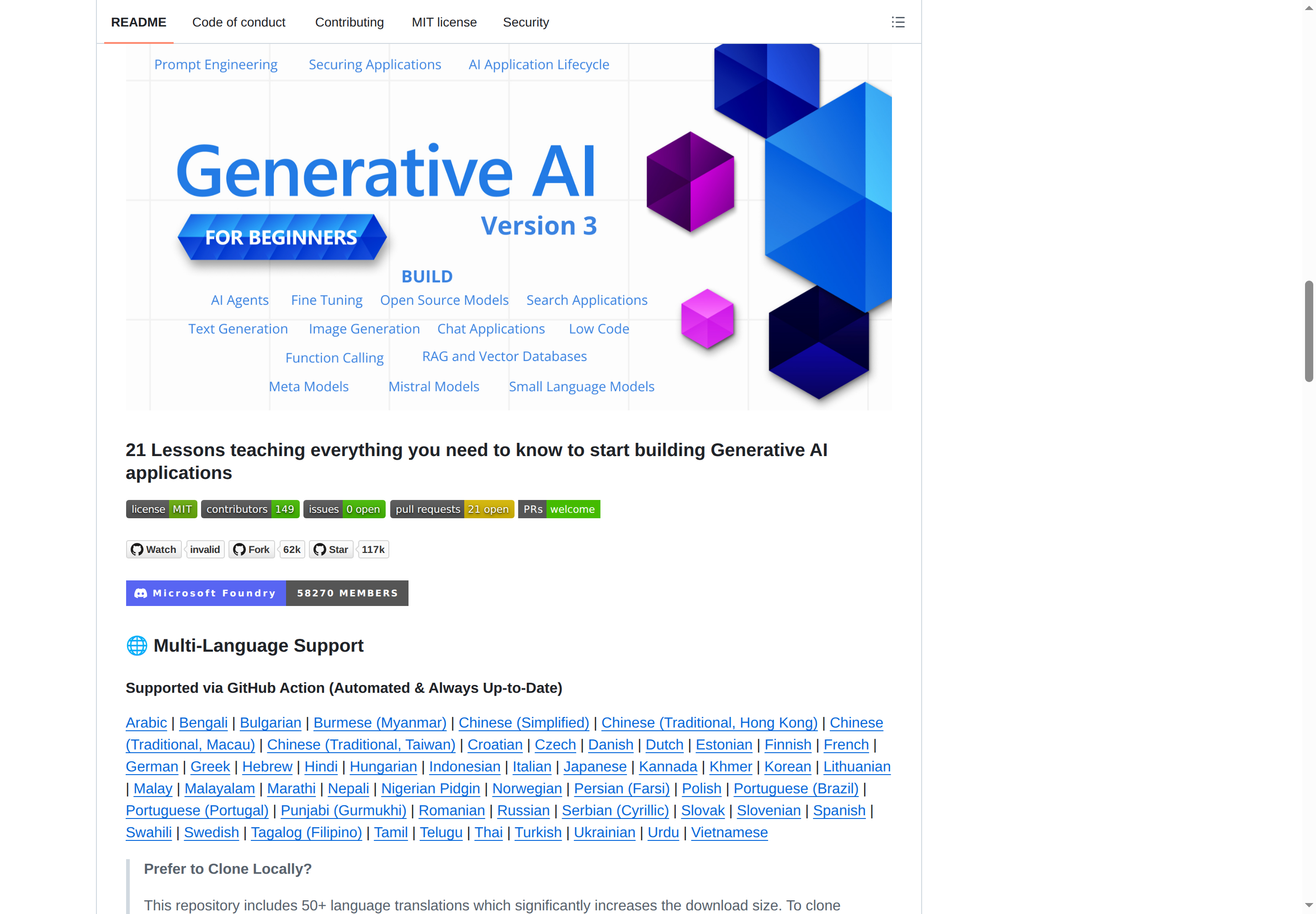 Generative AI for Beginners README 開頭(課程名 H1 大字 + 21 課定位描述)