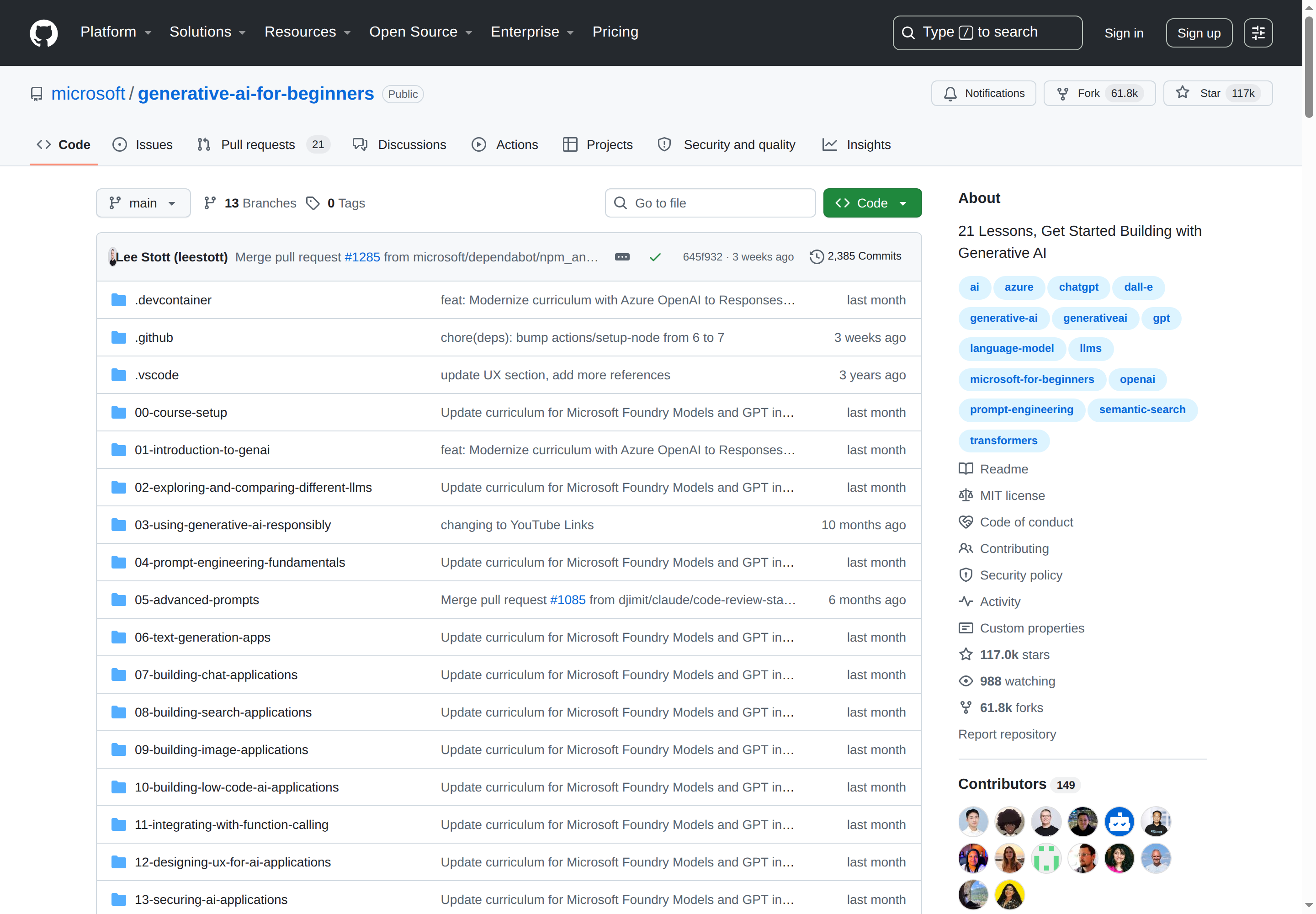 Generative AI for Beginners GitHub 主頁(repo 名 + 117k stars + 項目描述)