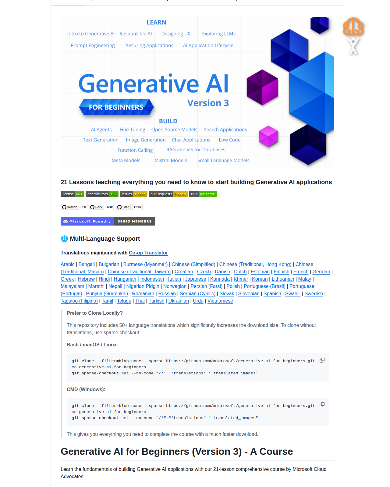 Generative AI for Beginners README 開頭,顯示課程縮圖、21 節課主題分類與星標數