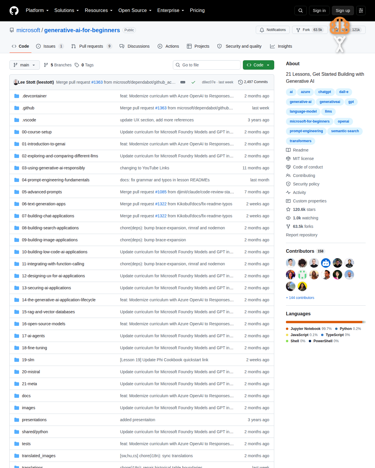 Generative AI for Beginners 課程 GitHub 首頁頂部,顯示 repo 名稱、星標 121k、複製 63.5k 與檔案目錄結構
