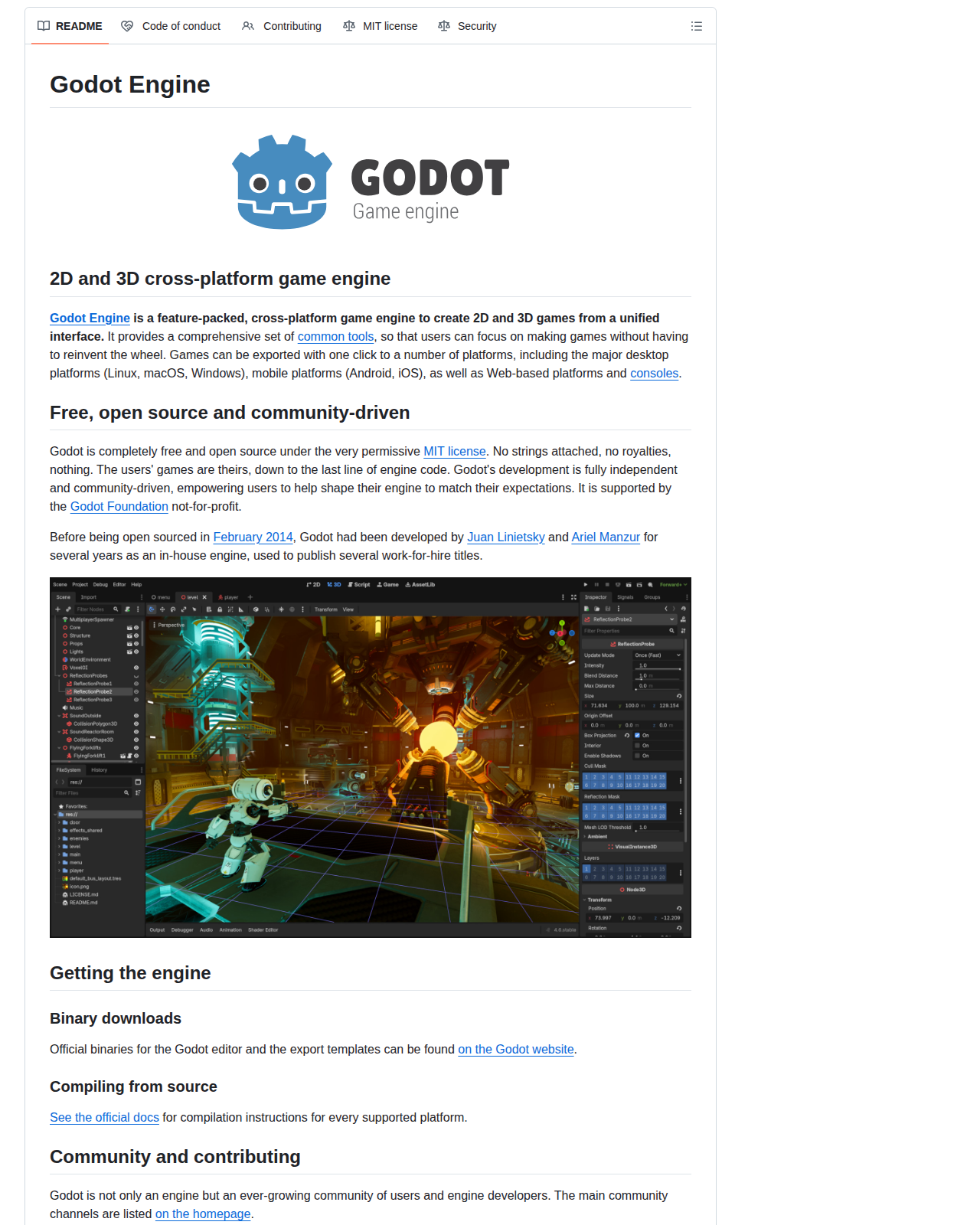 Godot Engine README 開頭，顯示項目名稱與「2D and 3D cross-platform game engine」標語，以及免費開源、社群驅動的說明段落