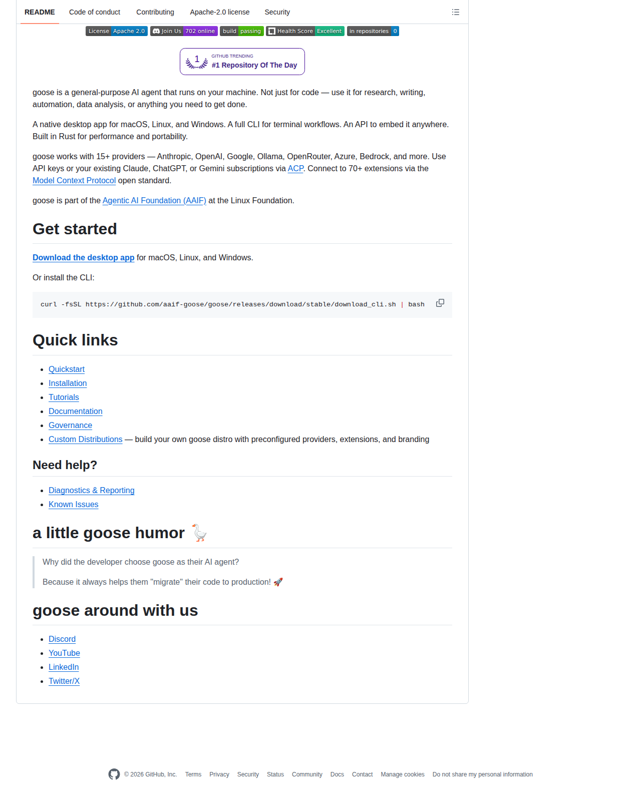 goose README 開頭(項目名稱「goose」+ 標語「your native open source AI agent」+ 授權與社群徽章 + Linux 基金會 AAIF 成員標示)