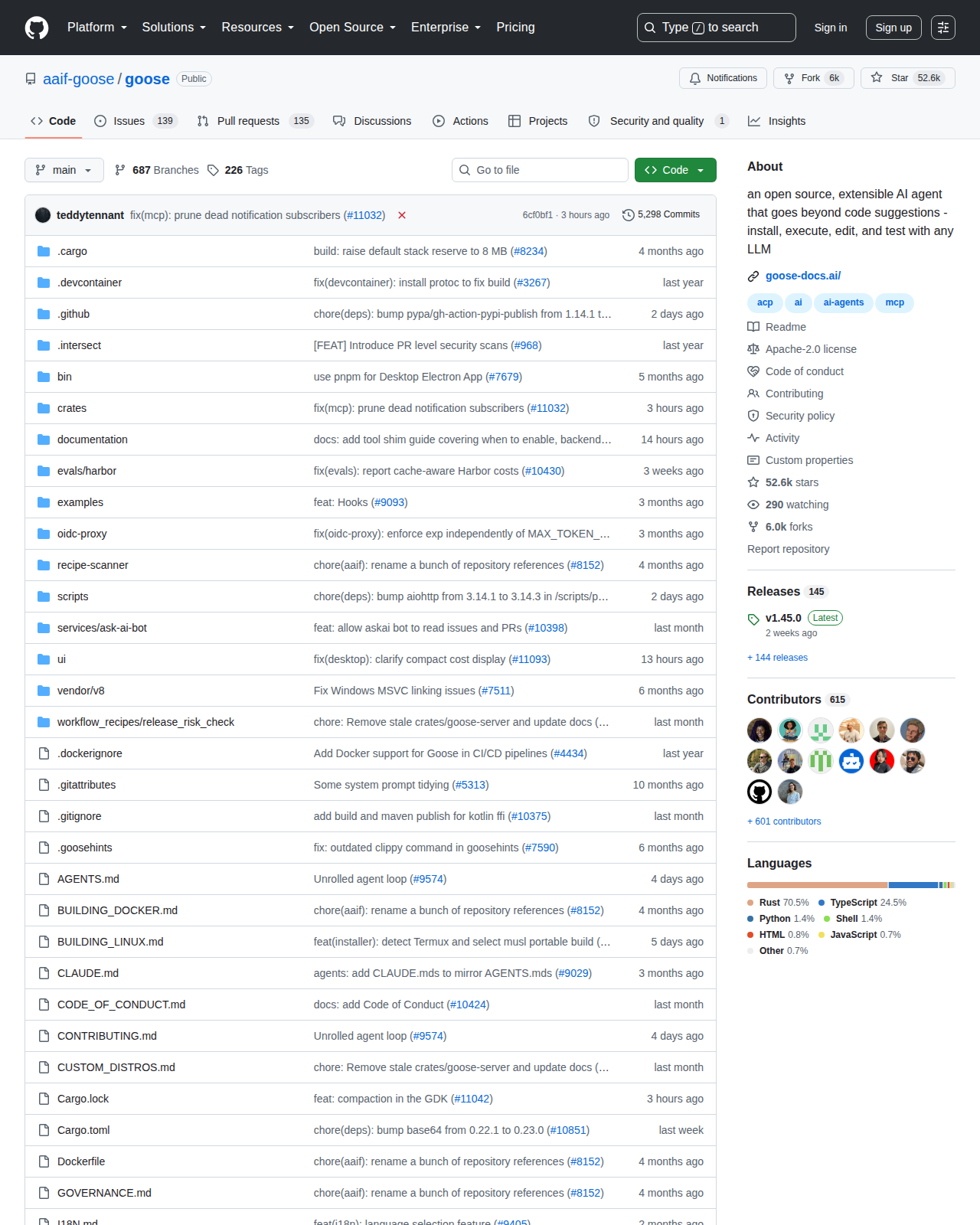 goose GitHub 首頁頂部(repo 名稱 aaif-goose/goose + 52.6k Star 數 + 6k Fork 數 + 項目描述「an open source, extensible AI agent」)