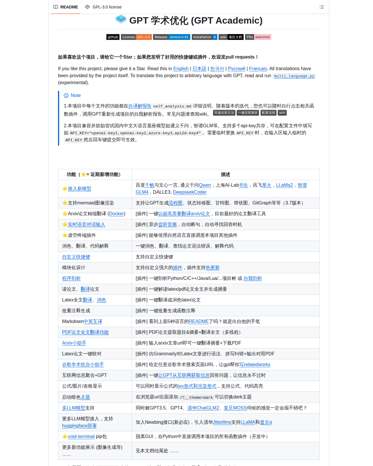 GPT Academic README 開頭,顯示項目名稱「GPT 學術優化(GPT Academic)」、多語言說明連結與星標徽章