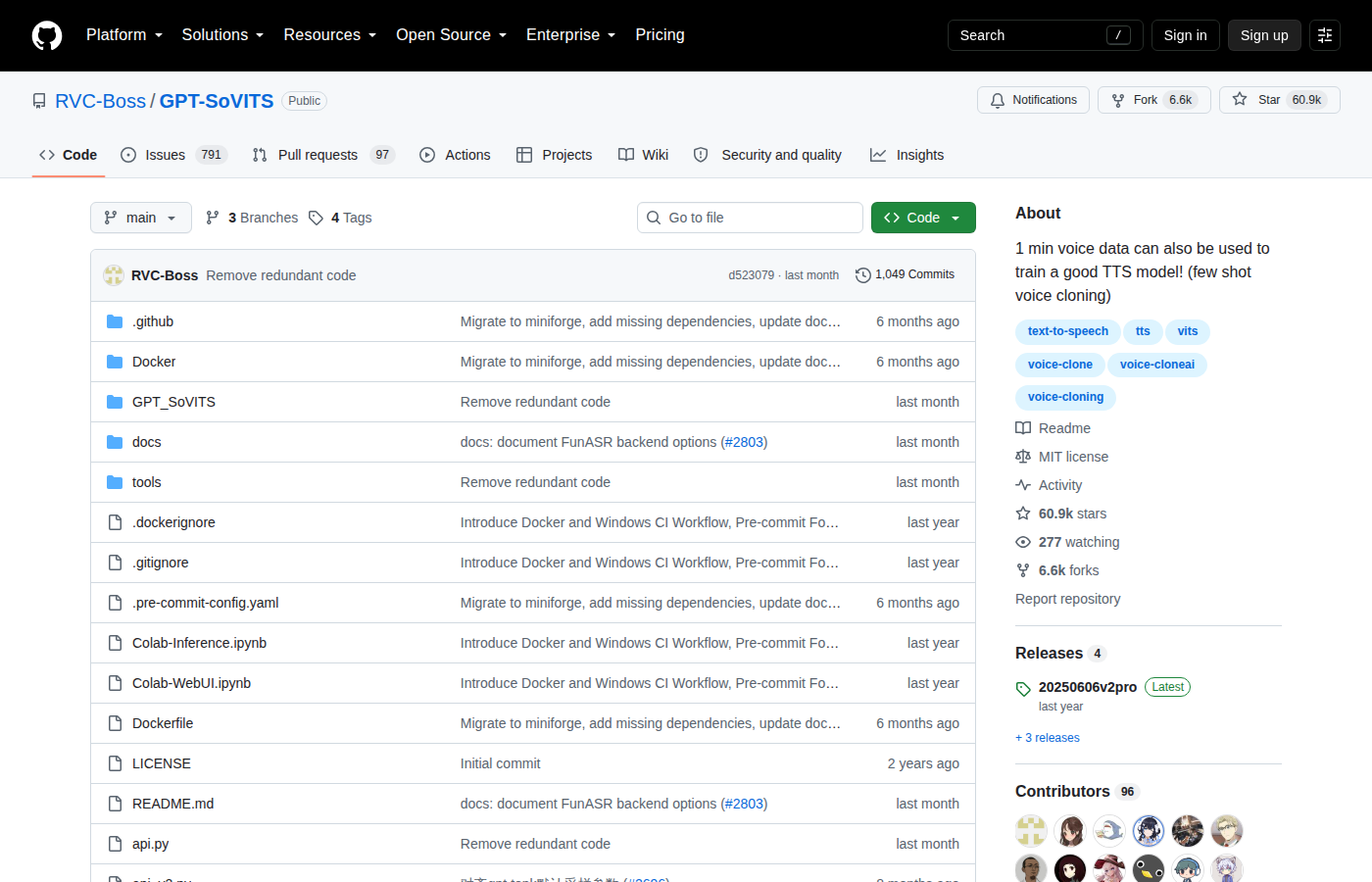 GPT-SoVITS GitHub 首頁頂部(repo 名稱「RVC-Boss / GPT-SoVITS」+ 60.9k 星標 + 6.6k Forks + 描述「1 min voice data can also be used to train a good TTS model! (few shot voice cloning)」+ 主要語言 Python + MIT 授權 + 96 位貢獻者)