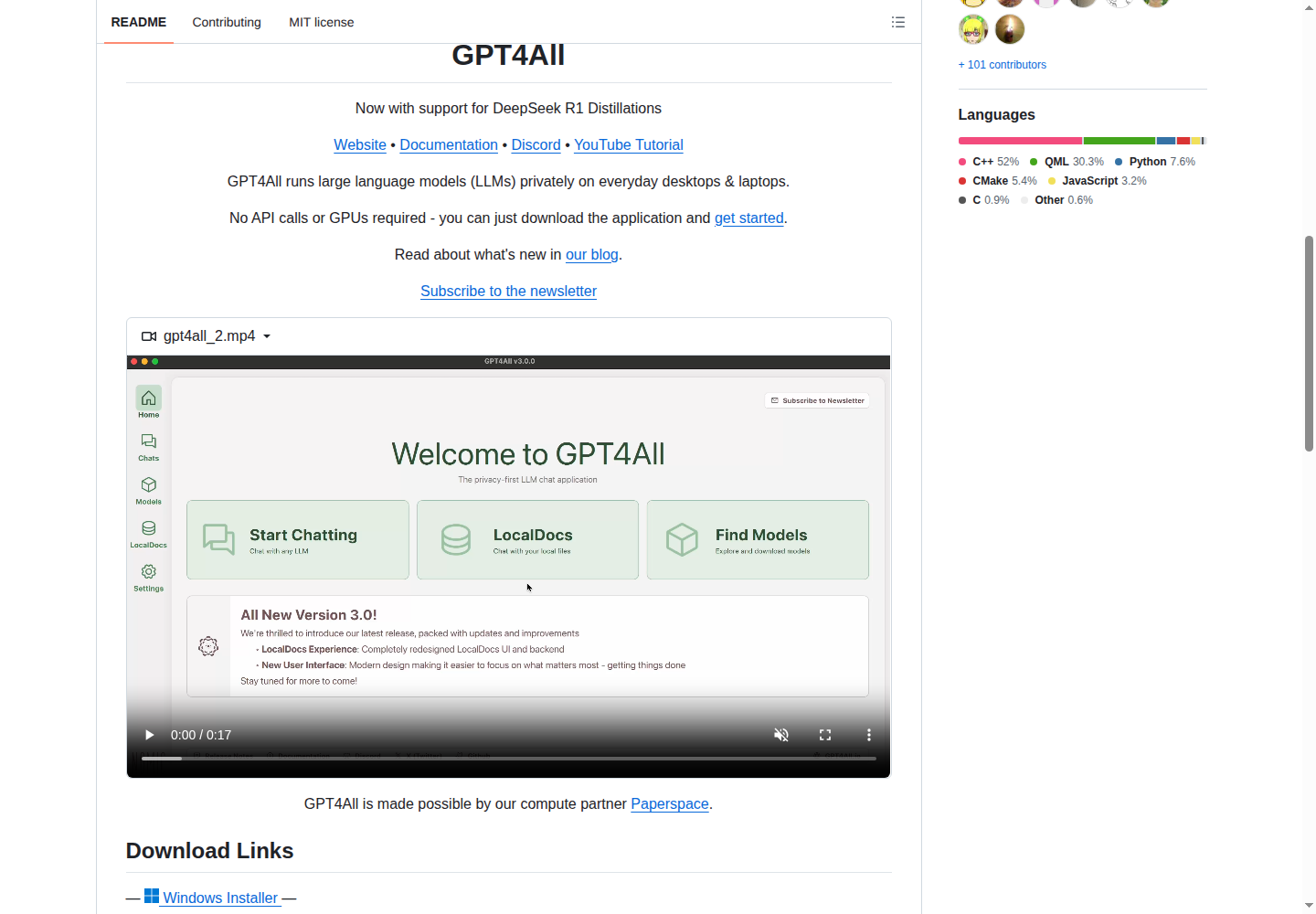 GPT4All README 開頭(項目 H1 大字 + 定位描述)