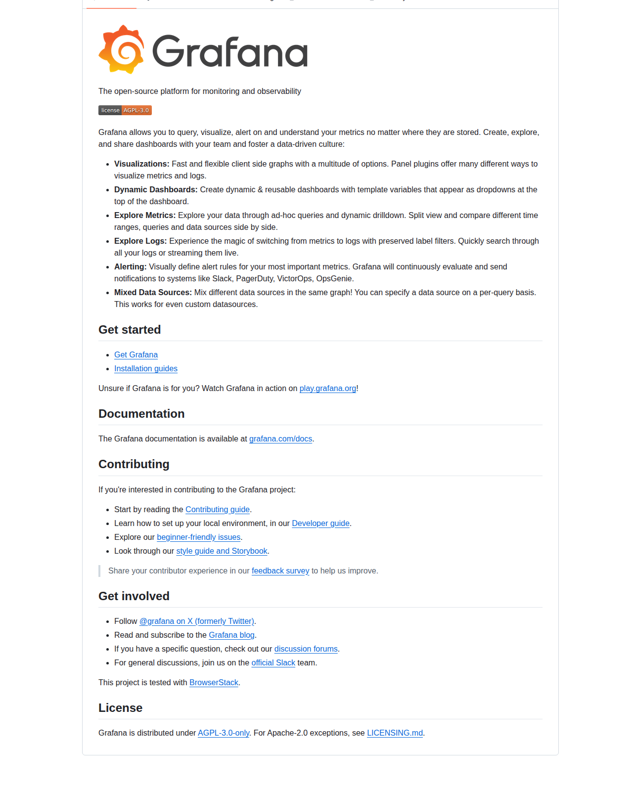 Grafana README 開頭（專案名稱與標語，以及視覺化、動態儀表板、指標與日誌探索、告警等功能清單）