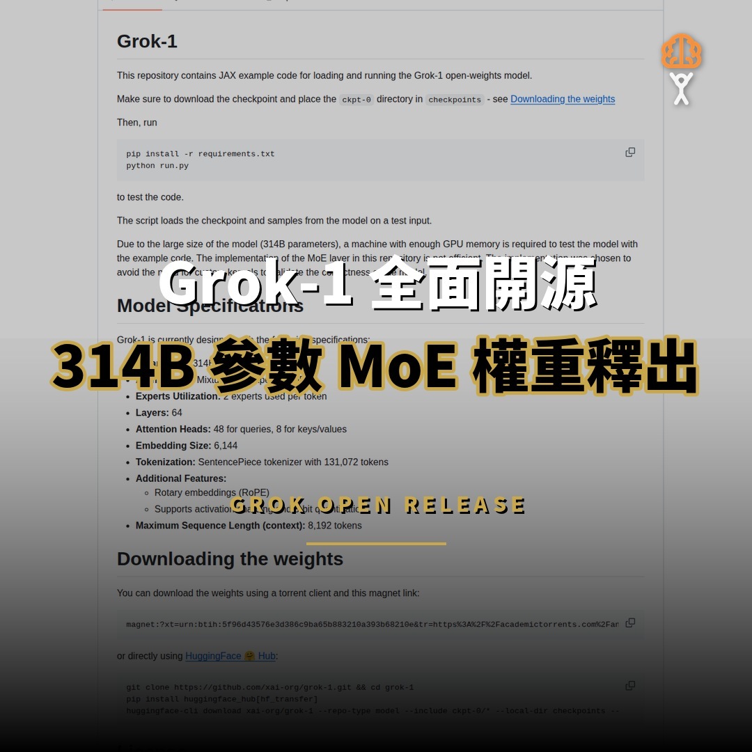 Grok-1 全面開源：314B 參數 MoE 權重釋出
