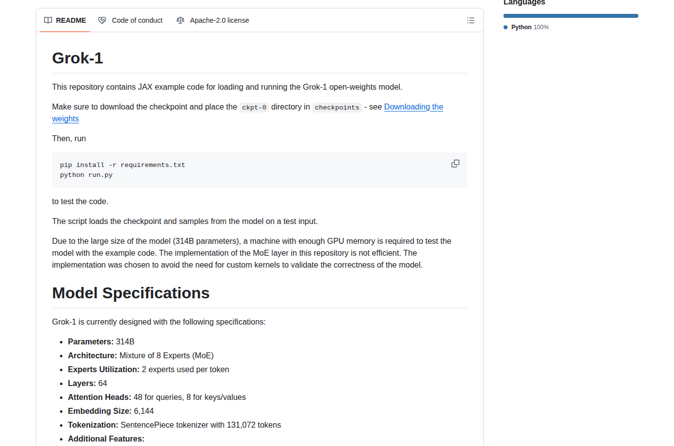Grok-1 README 開頭(項目名稱 Grok-1 與 JAX 範例程式碼說明)