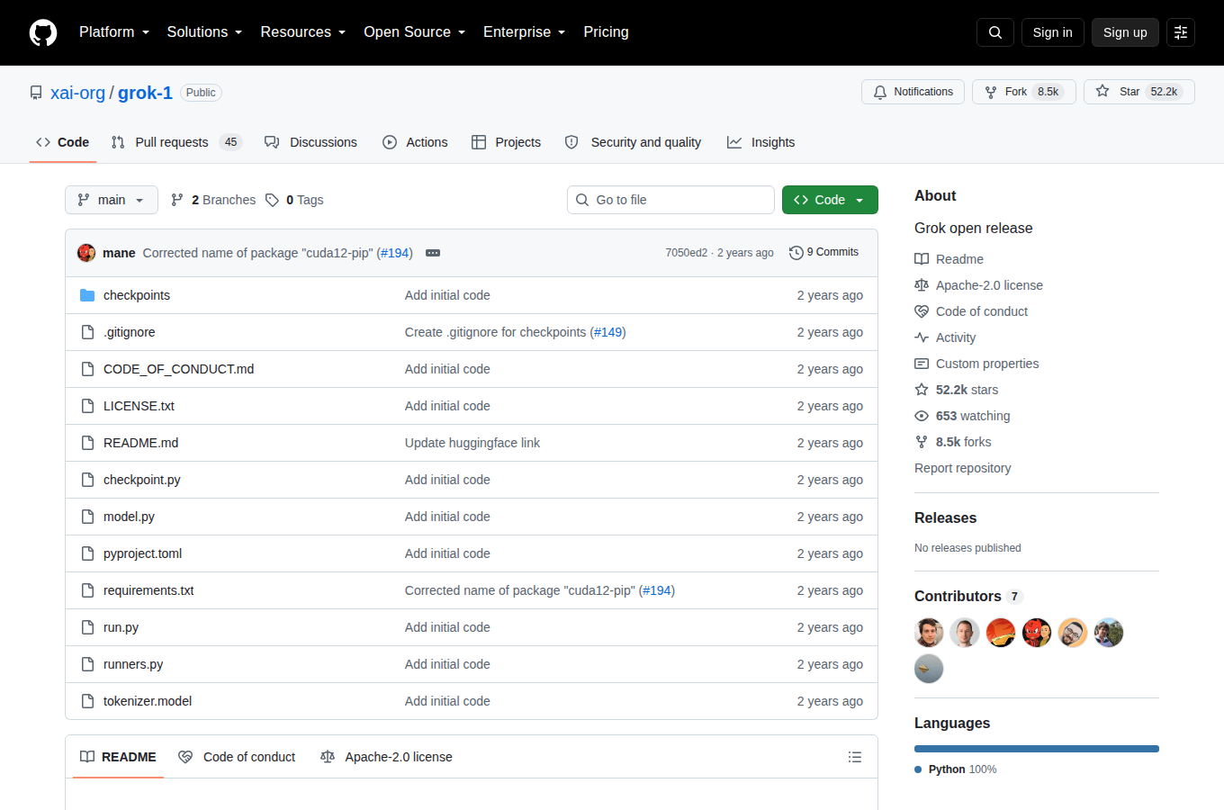 Grok-1 GitHub 首頁頂部(repo 名稱 xai-org/grok-1、52.2k Star 數與 Grok open release 描述)