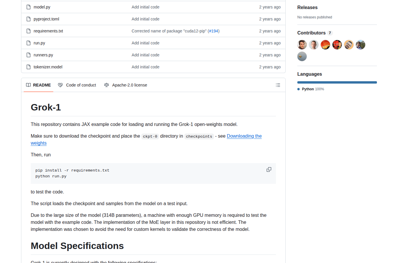 Grok-1 GitHub 統計區截圖(repo 描述、7 位 Contributors 與 Python 100% 語言分佈)