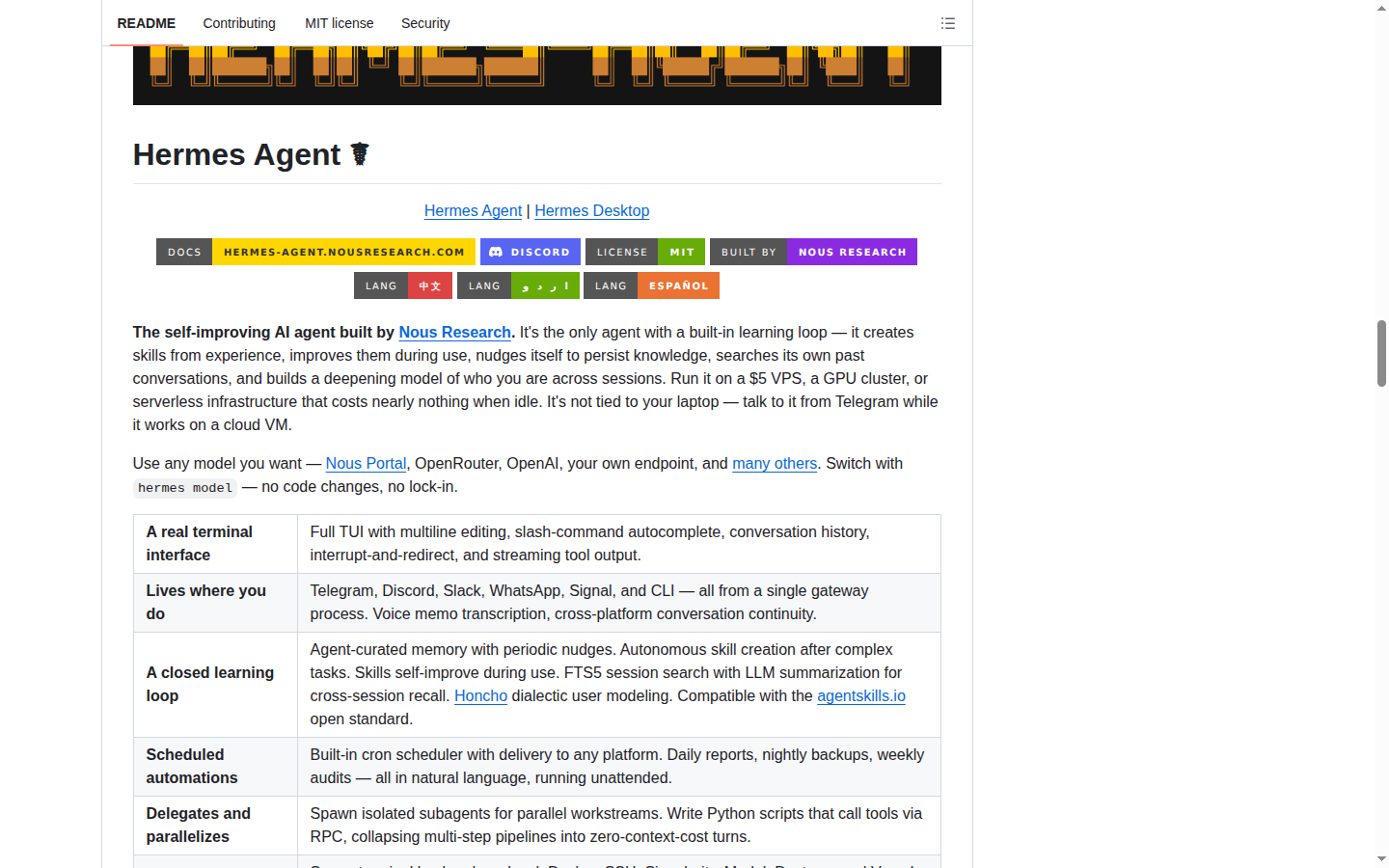 Hermes Agent README 開頭(項目 H1 大字 + 定位描述)