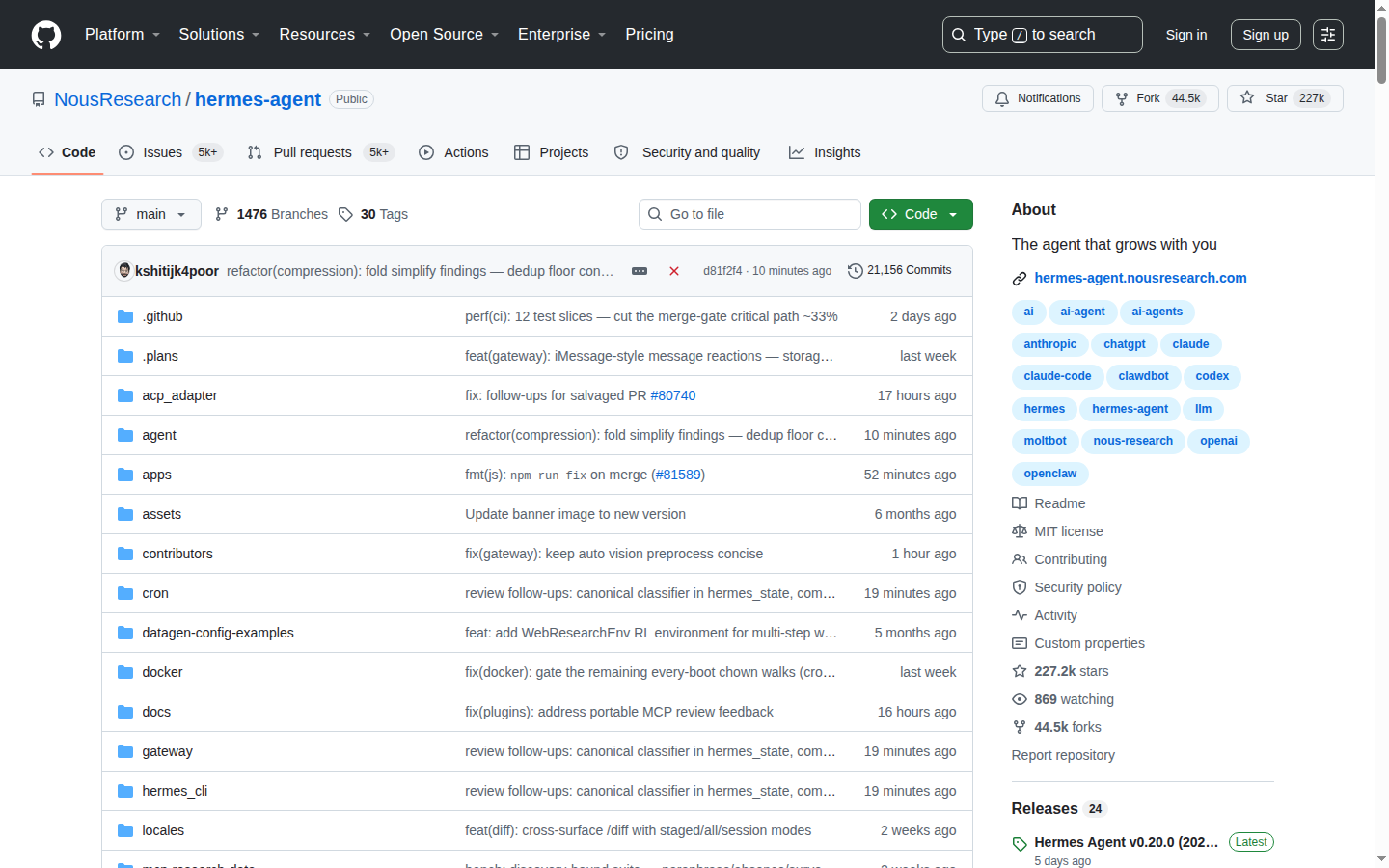 Hermes Agent GitHub 主頁(repo 名 + 227k stars + 項目描述)