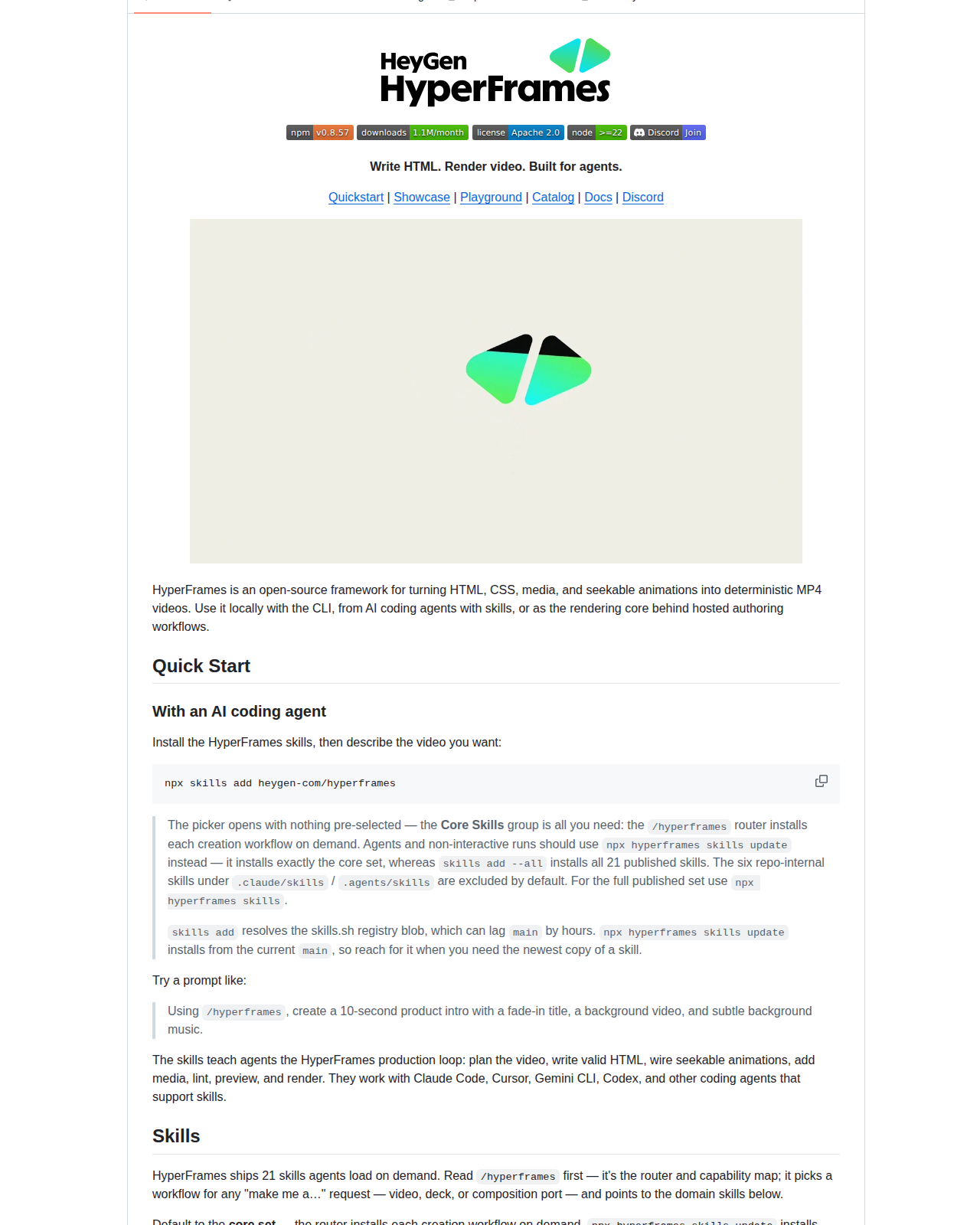 HyperFrames README 開頭(專案名稱 HyperFrames 標誌與標語「Write HTML. Render video. Built for agents.」,下方為 HTML 轉影片的示意圖)