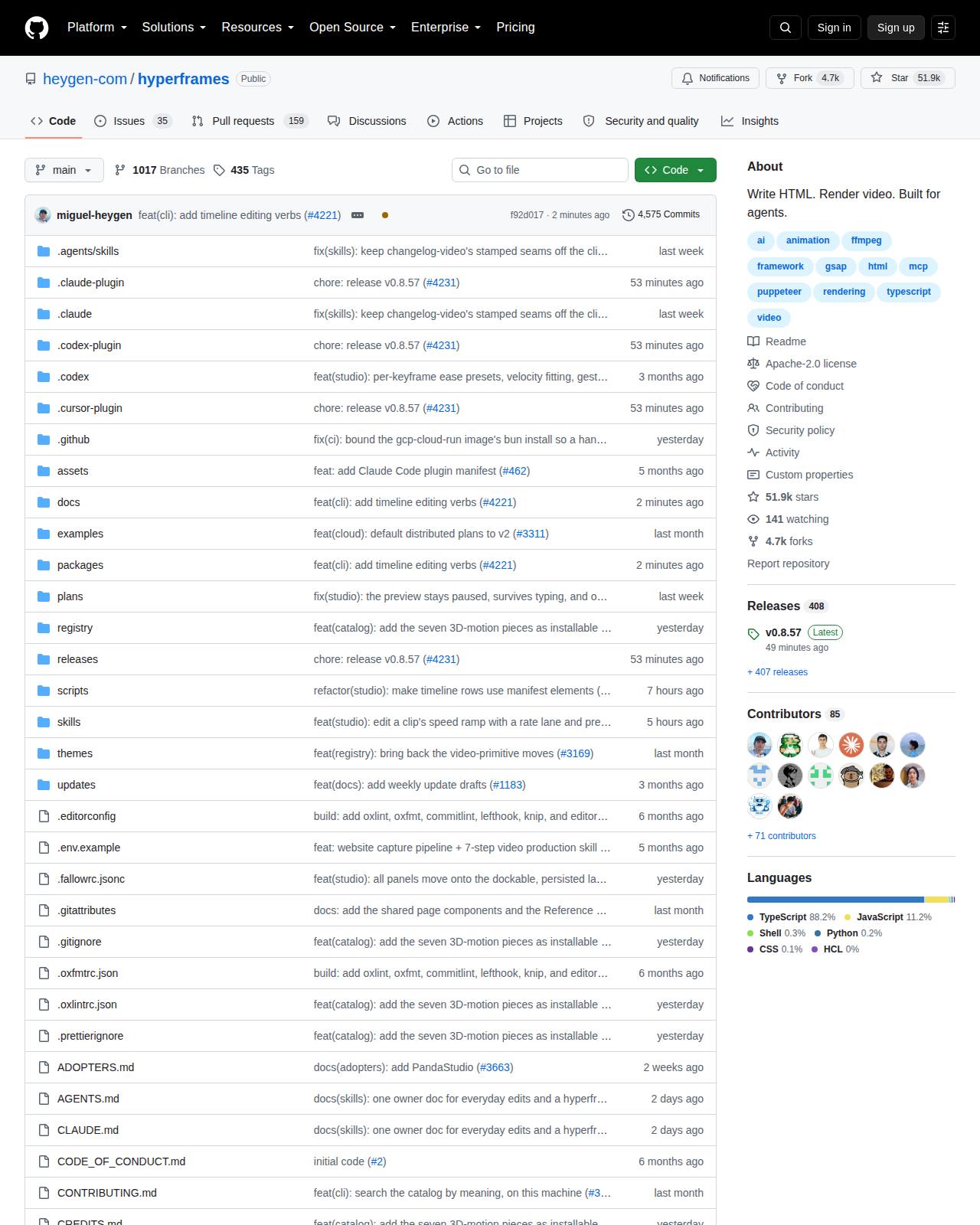 heygen-com/hyperframes GitHub 首頁頂部(儲存庫名稱、51.9k 星標、4.7k 分支與「Write HTML. Render video.」描述)