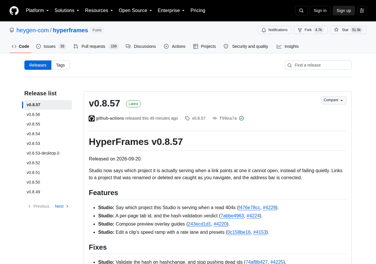 heygen-com/hyperframes 版本發布頁(v0.8.x 版本標籤、發布時間與變更說明)