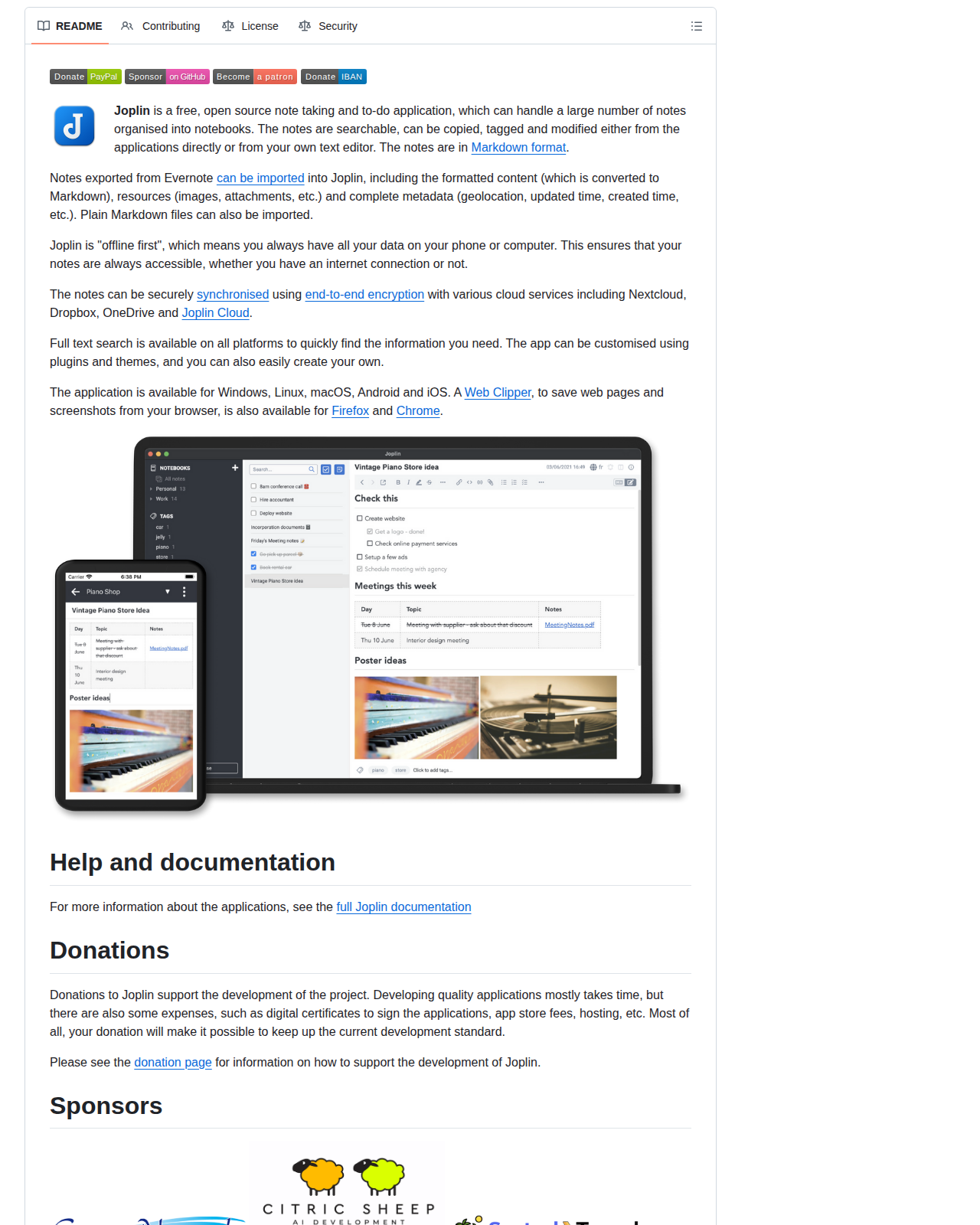 Joplin 的 GitHub README 開頭,顯示專案名稱 Joplin 與說明文字,內容涵蓋開源筆記與待辦應用定位、Markdown 格式、Evernote 匯入能力、離線優先設計與跨平台支援清單