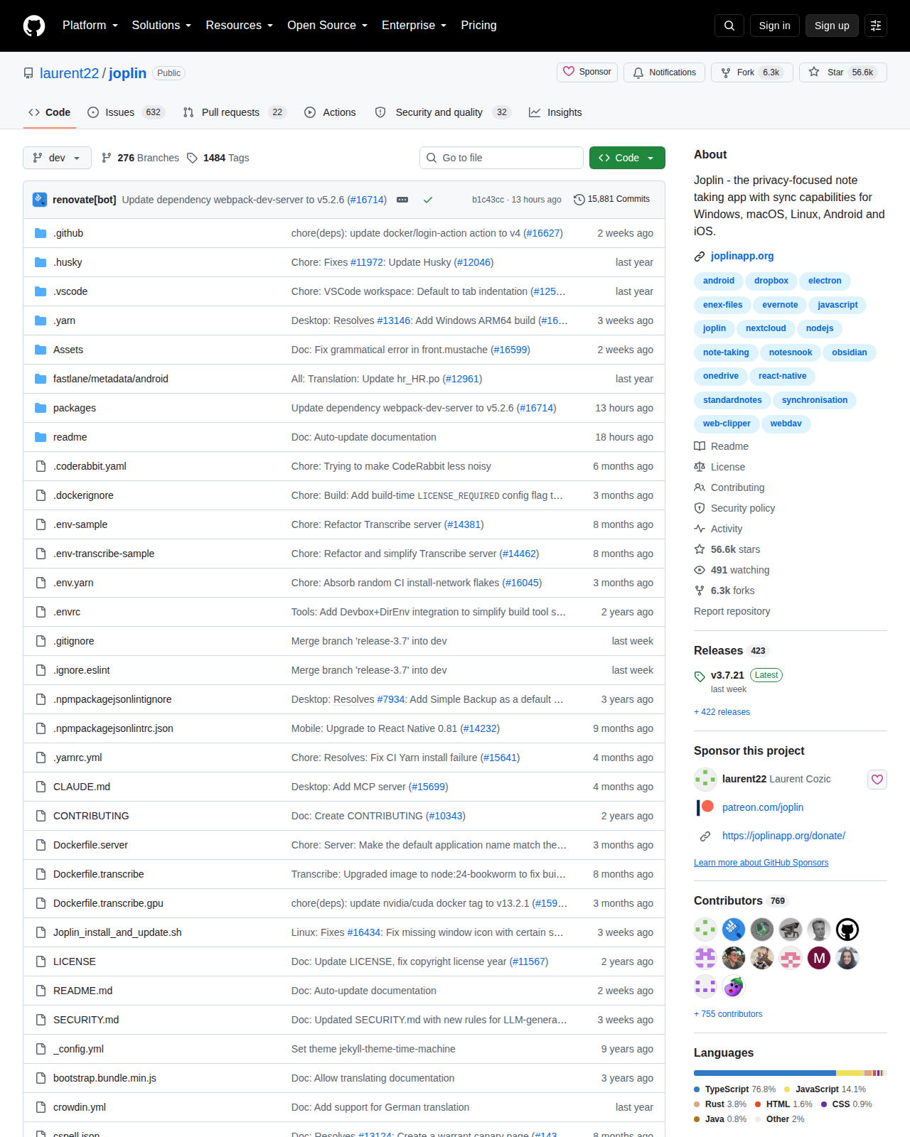 laurent22/joplin 的 GitHub 首頁頂部,顯示 repo 名稱 laurent22/joplin、Star 數 56.6k、Fork 6.3k、專案描述「Joplin - the privacy-focused note taking app with sync capabilities」、AGPL 授權資訊與 dev 分支的檔案清單