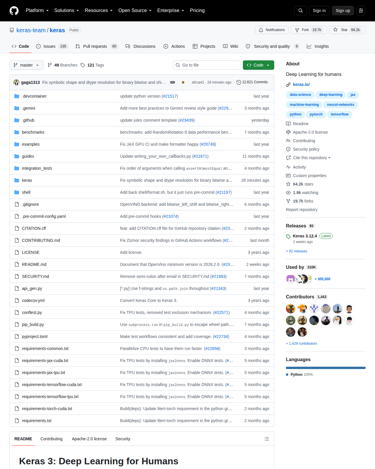 Keras 3 GitHub 首頁頂部(repo 名 keras-team/keras + Star 數 64.2k + Fork 數 19.7k + 官方描述)