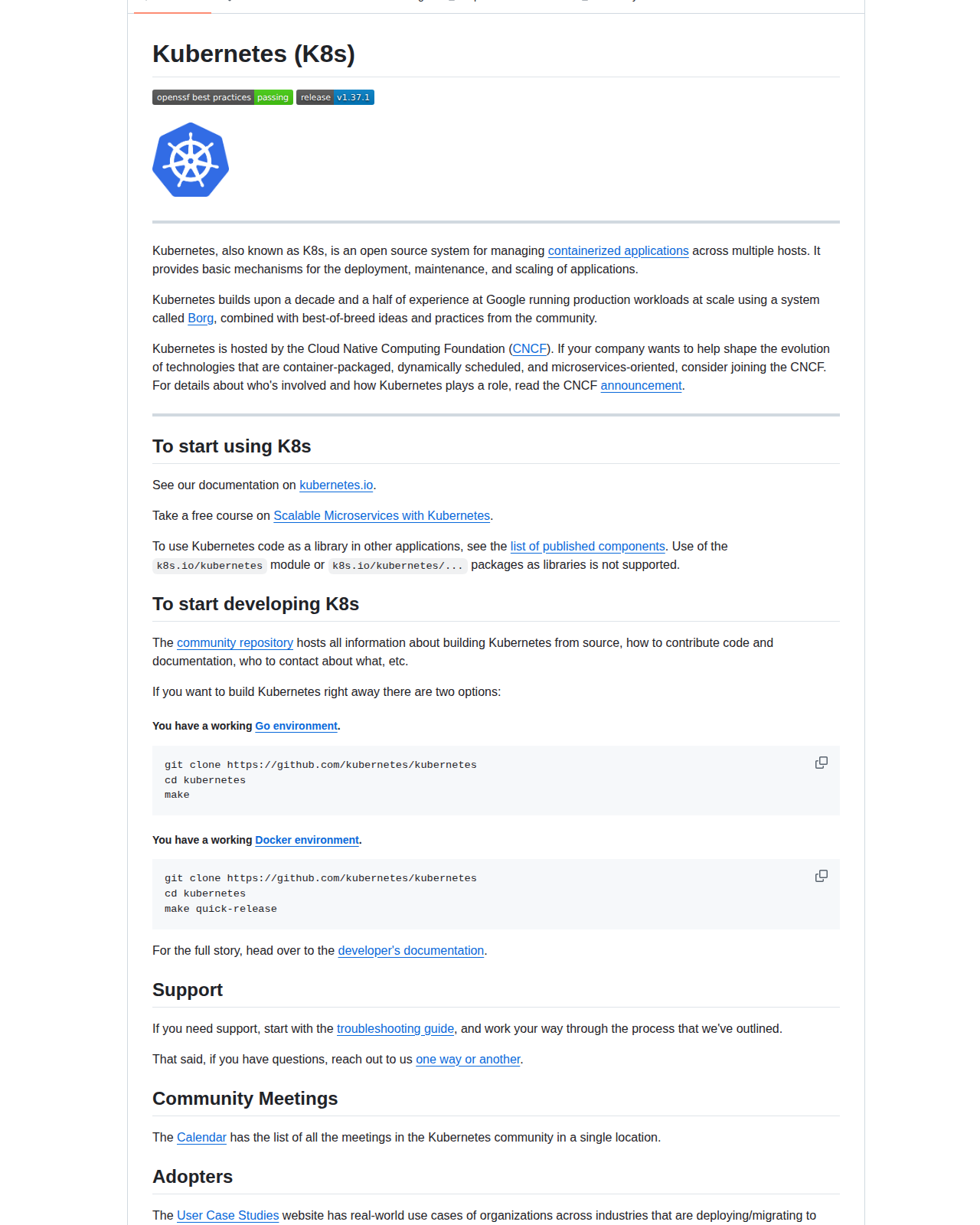 Kubernetes README 開頭(專案名稱 Kubernetes (K8s)、Borg 歷史背景說明與 To start using K8s 章節)
