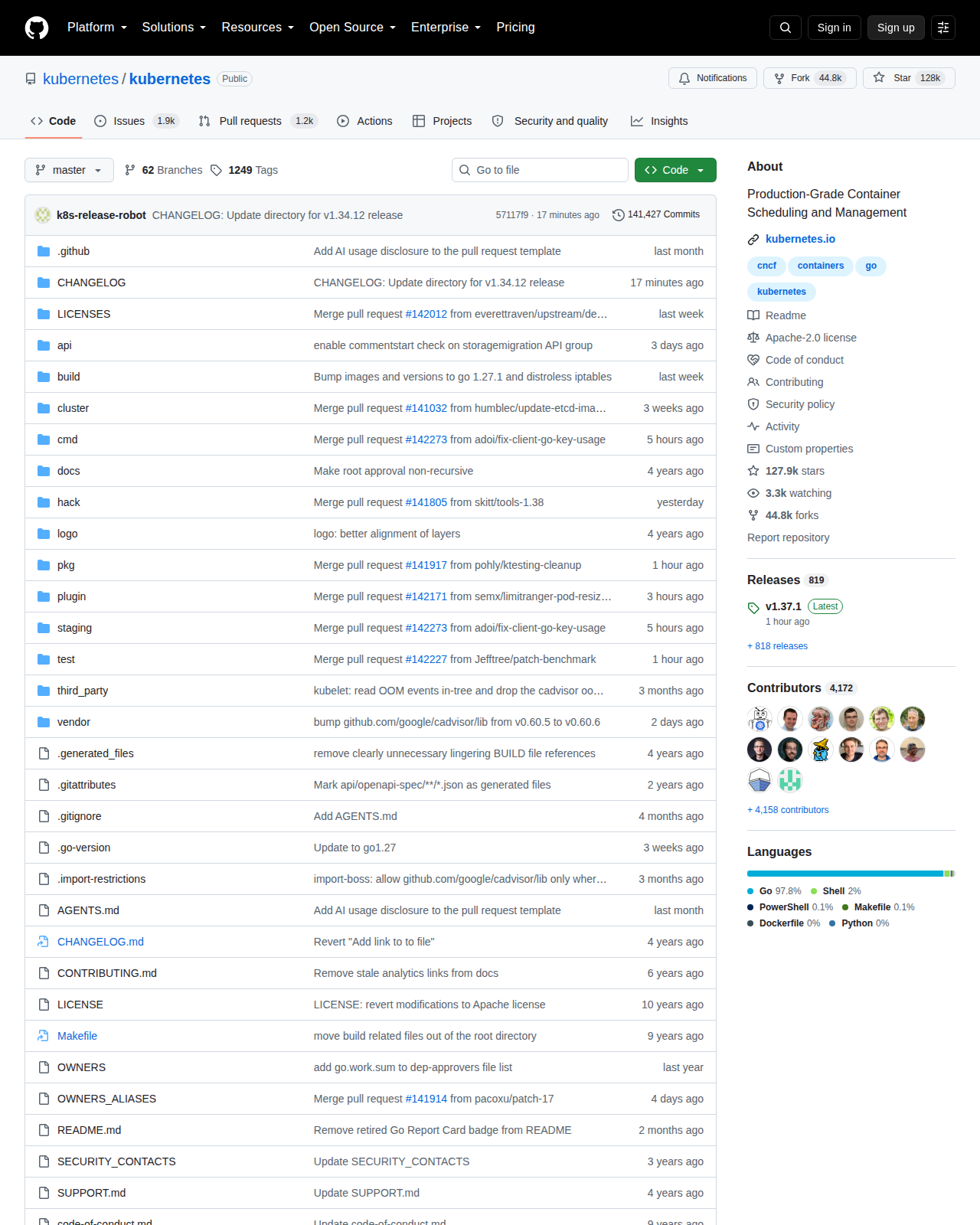 kubernetes/kubernetes GitHub 首頁頂部(儲存庫名稱 kubernetes/kubernetes、Star 數約 128k、Fork 數與專案描述)