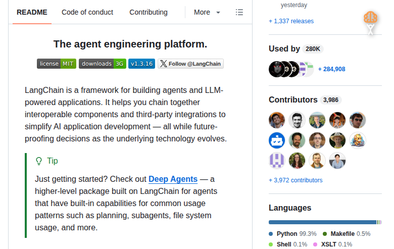LangChain GitHub 主頁(143.5k stars + 項目描述)