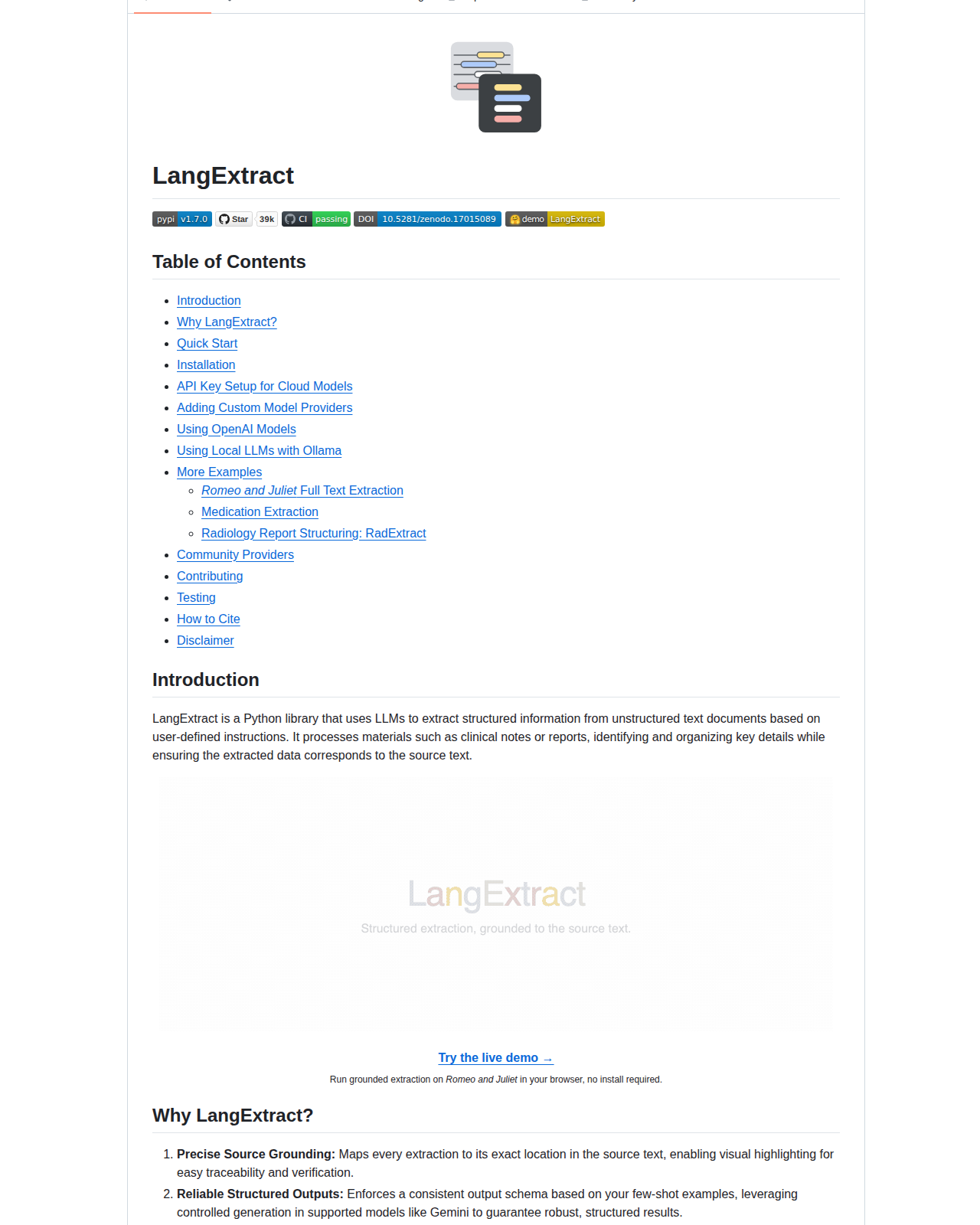 Google LangExtract README 開頭(專案名稱 LangExtract 大字標題、識別標誌與簡介段落)