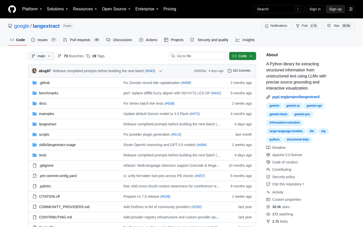 Google LangExtract GitHub 儲存庫頁面頂部(儲存庫名稱 google/langextract、星標數 38.9k 與 Python 語言標示)
