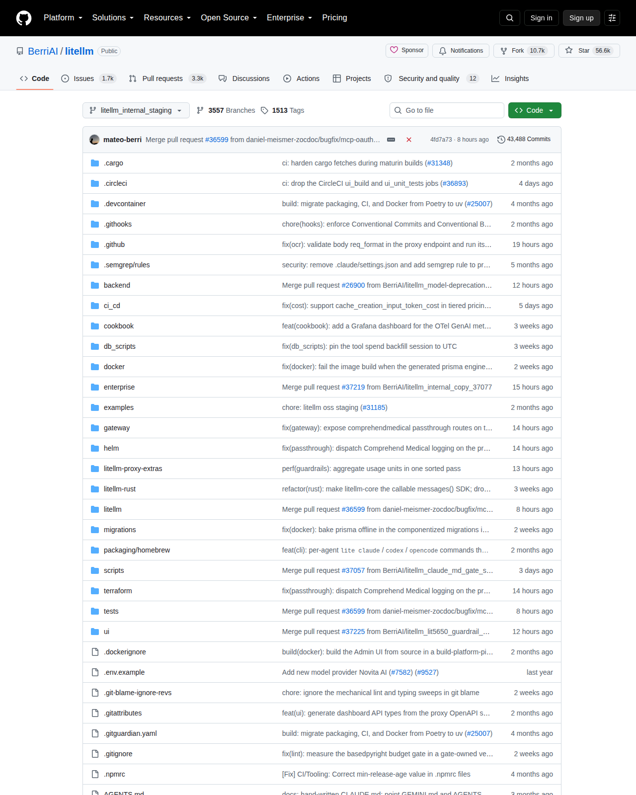 LiteLLM GitHub 首頁頂部(repo 名稱「BerriAI / litellm」+ 星標數 + 描述「Open Source AI Gateway for 100+ LLMs. Self-hosted. Enterprise-ready. Call any LLM in OpenAI format.」+ Python 主要語言 + 授權 + 建立日期與近期活躍更新)