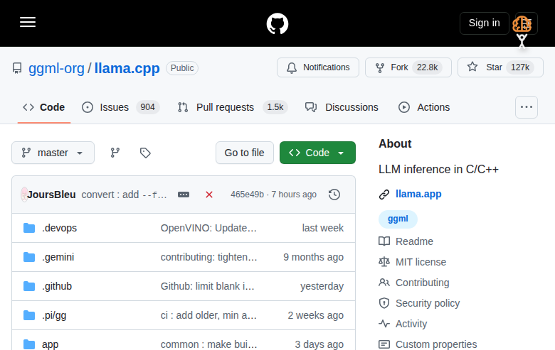 llama.cpp GitHub 主頁(123k stars + 項目描述)