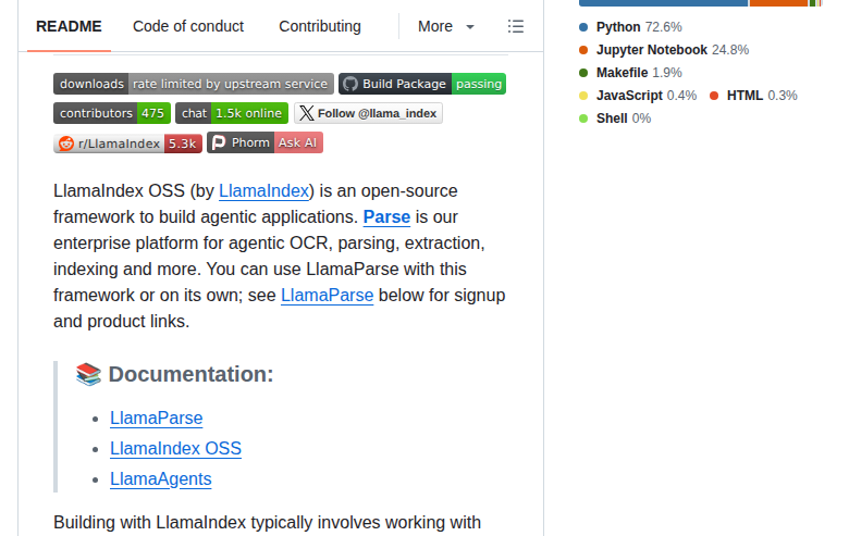 LlamaIndex README 開頭（項目名稱與標語）