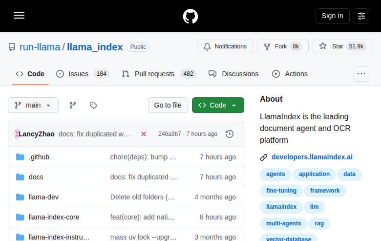 LlamaIndex GitHub 首頁頂部（repo 名 + Star 數 + 描述）