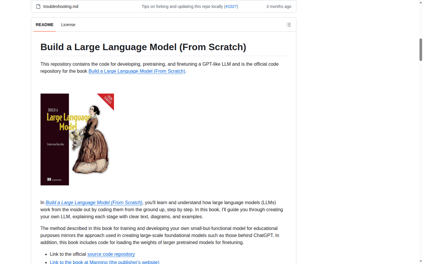 LLMs-from-scratch README 開頭(項目 H1 大字 + 書籍封面 + 定位描述)