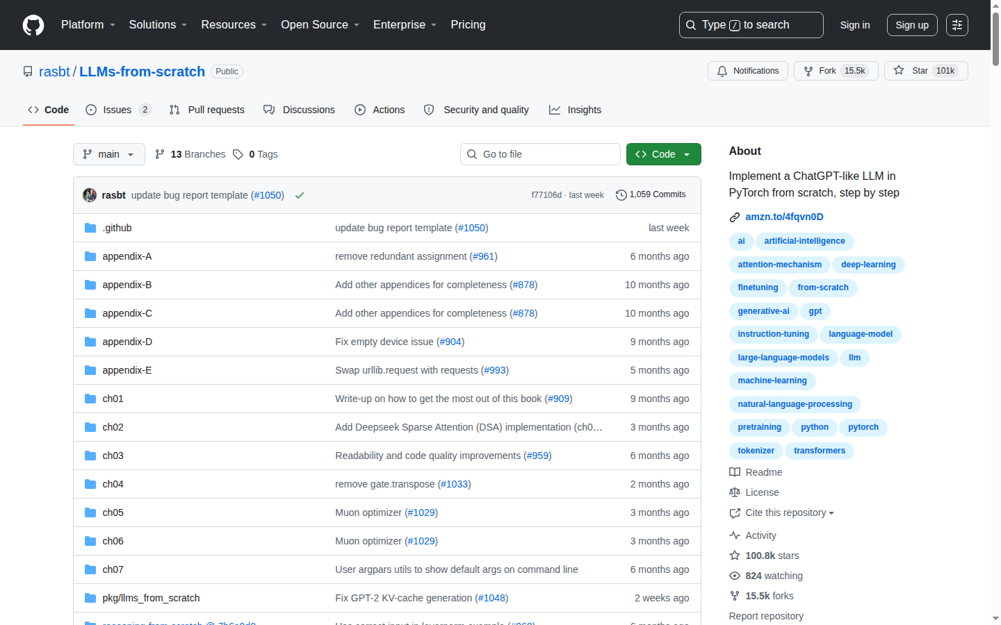 LLMs-from-scratch GitHub 主頁(repo 名 + 101k stars + 項目描述)