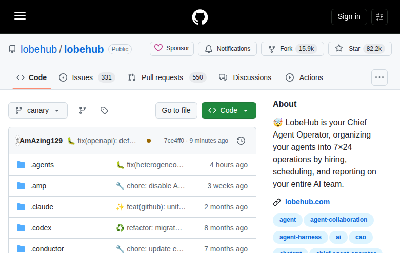 LobeHub GitHub 首頁頂部(repo 名 lobehub/lobehub + Star 82.2k + Fork 15.9k + 描述)