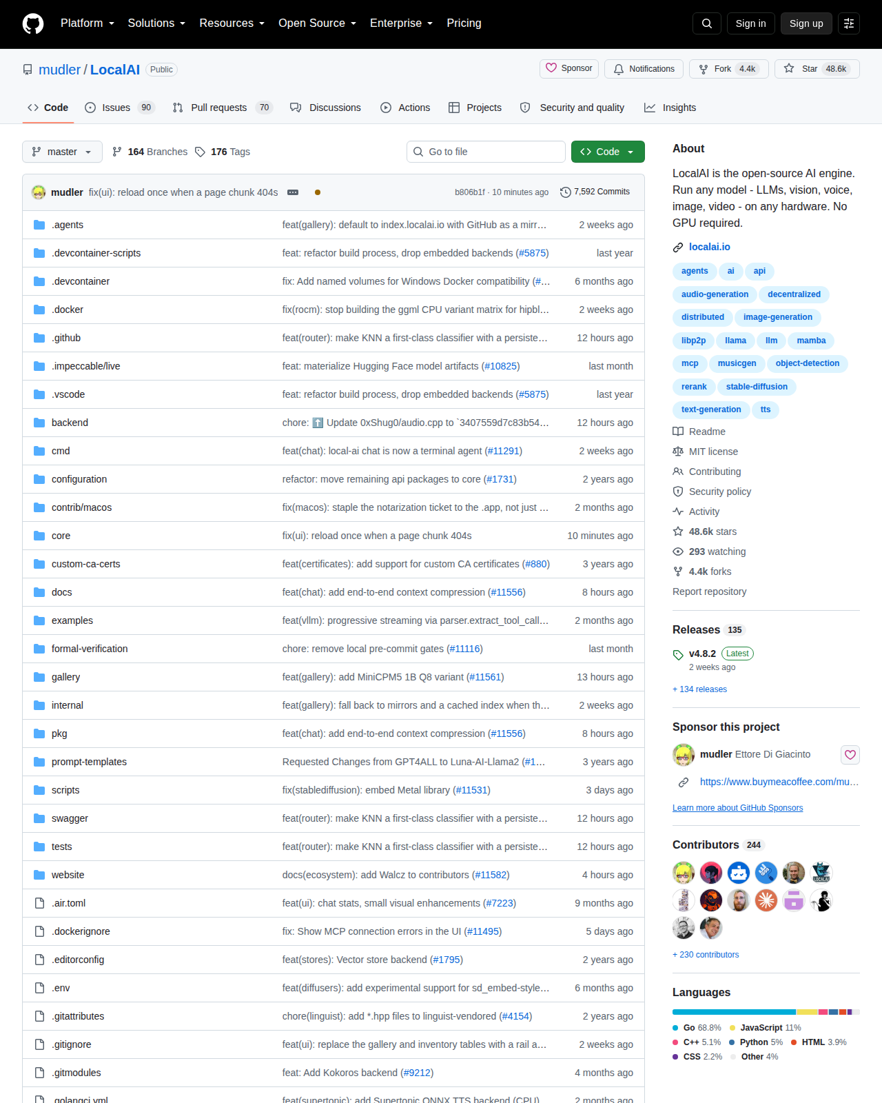 LocalAI GitHub 首頁頂部(repo 名 mudler/LocalAI + 收錄 ISTAR 數與 4.4k 復刻 + 一句項目描述「開源 AI 引擎,可運行任何模型」)