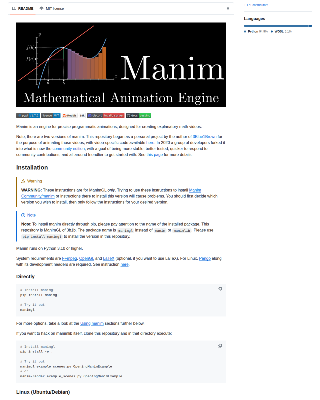 Manim 專案的 README 開頭，顯示專案名稱 Manim、副標題 Mathematical Animation Engine，以及版本、授權、Reddit 與 Discord 徽章