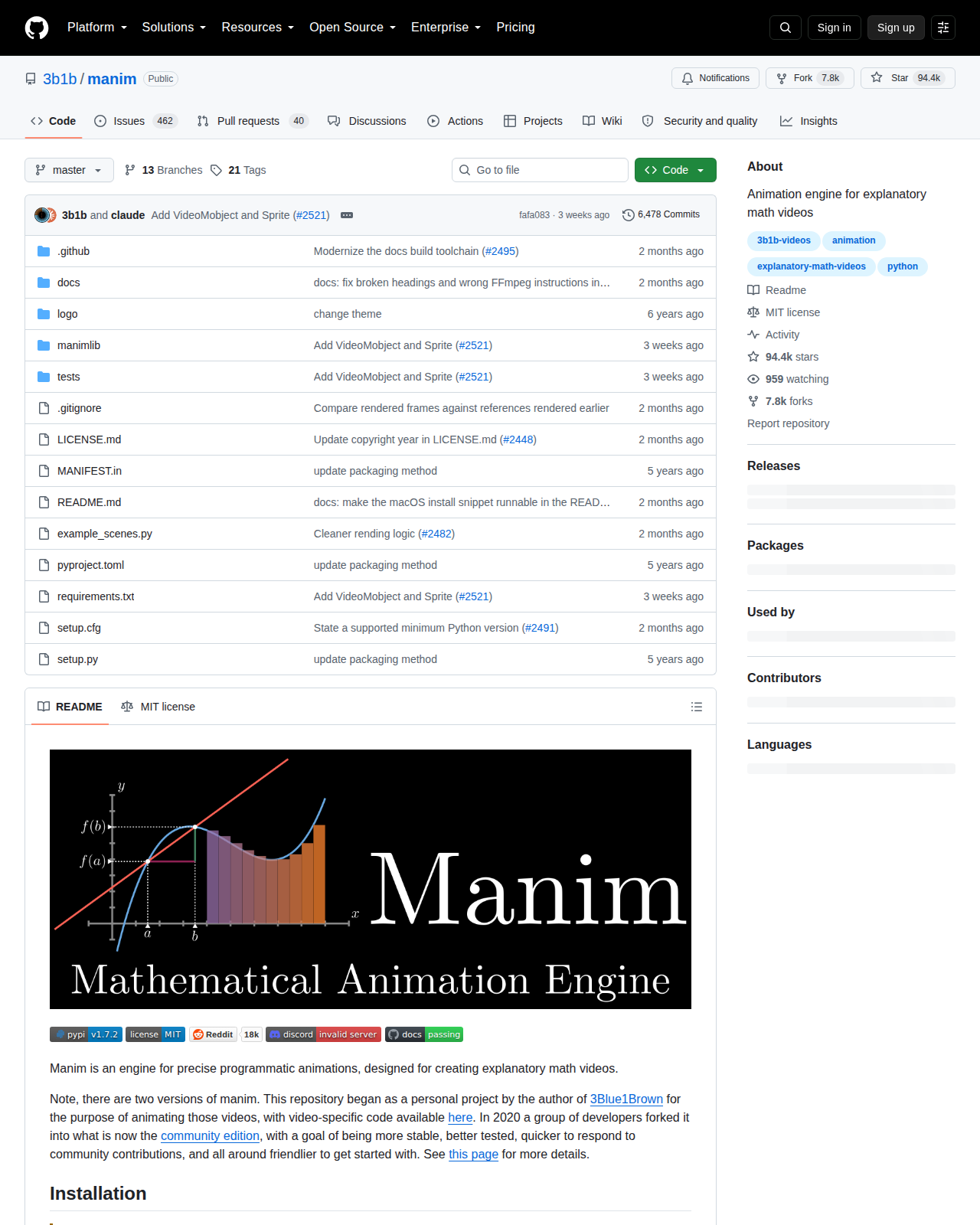 Manim GitHub 倉庫首頁，顯示倉庫名稱 3b1b/manim、分支資訊、星標數、複製數與頂部檔案清單