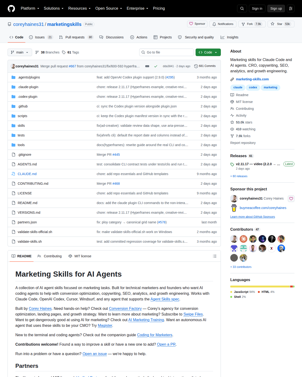 Marketing Skills 的 GitHub 儲存庫首頁頂部,顯示專案名稱 coreyhaines31/marketingskills、主要語言 JavaScript、星標數與 MIT 授權標示
