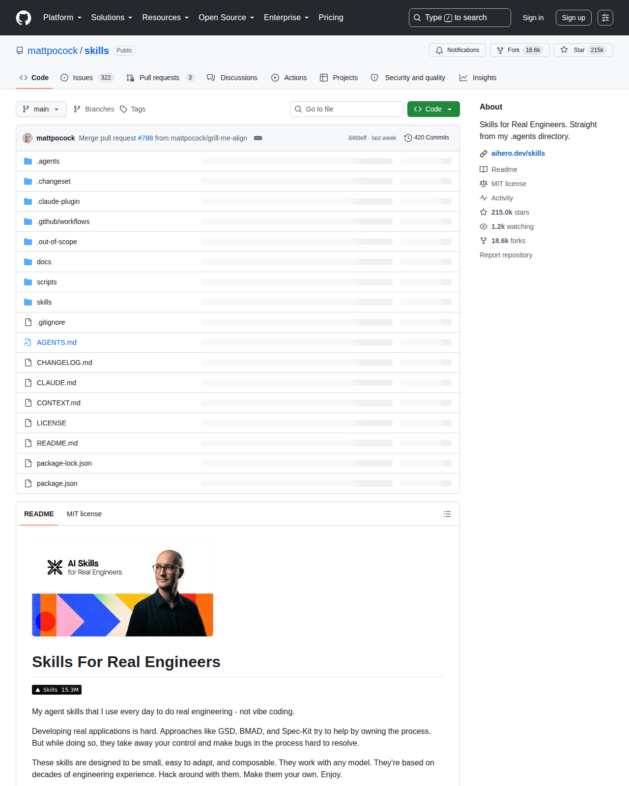 Matt Pocock Skills GitHub 首頁頂部(repo 名稱 mattpocock/skills + 215k Star 數量 + Skills for Real Engineers 項目描述)