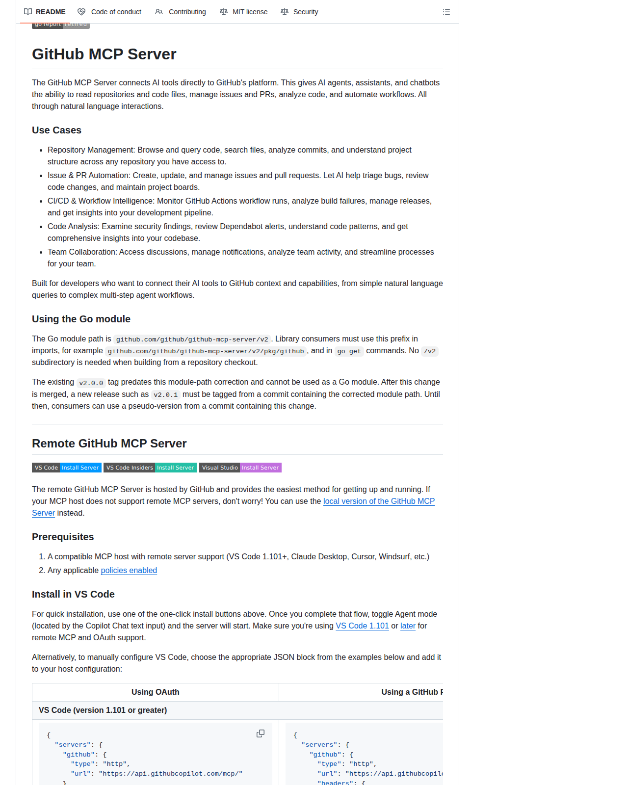 GitHub MCP Server 的儲存庫 README 開頭，顯示專案標題、連結 AI 工具與 GitHub 平台的定位說明，以及 Use Cases 章節列出的五類應用場景